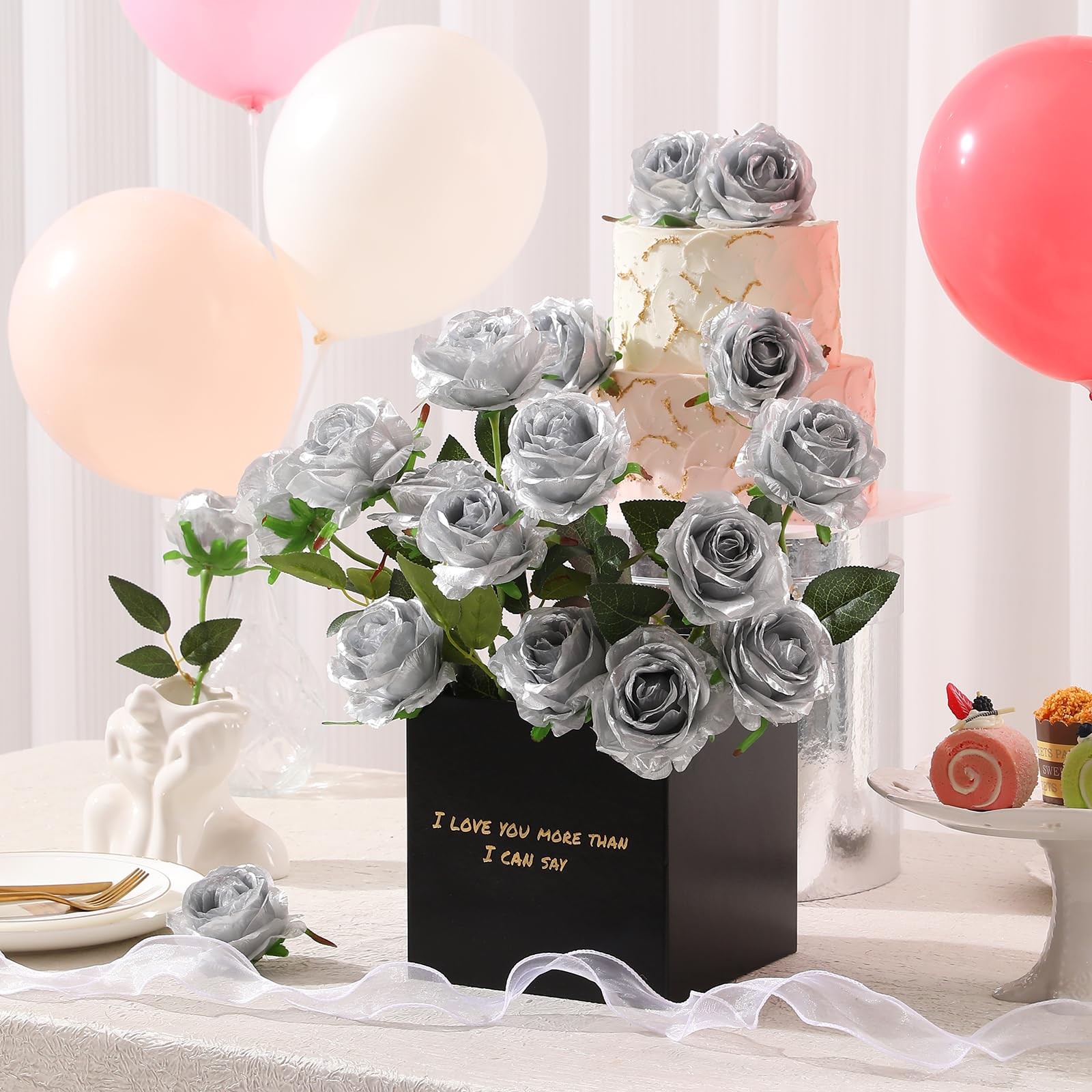 Silver Roses Artificial Flowers -12Pcs Realistic Single Long Stem Fake Silk R…