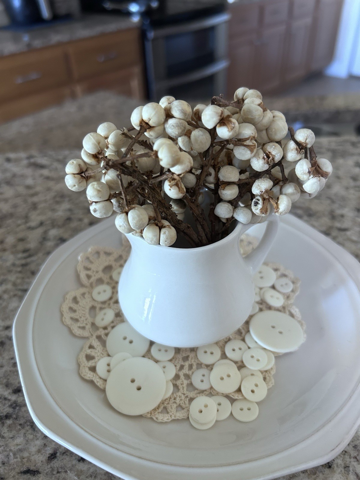 Metal Cloche With Creamer And Berries Centerpiece Vignette