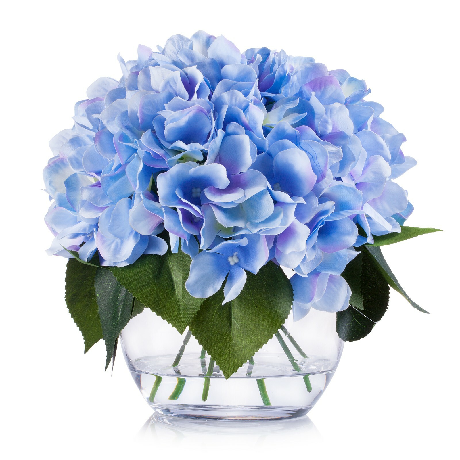 Silk Hydrangea Artificial Flower Arrangement in Clear White Vase with Faux Water