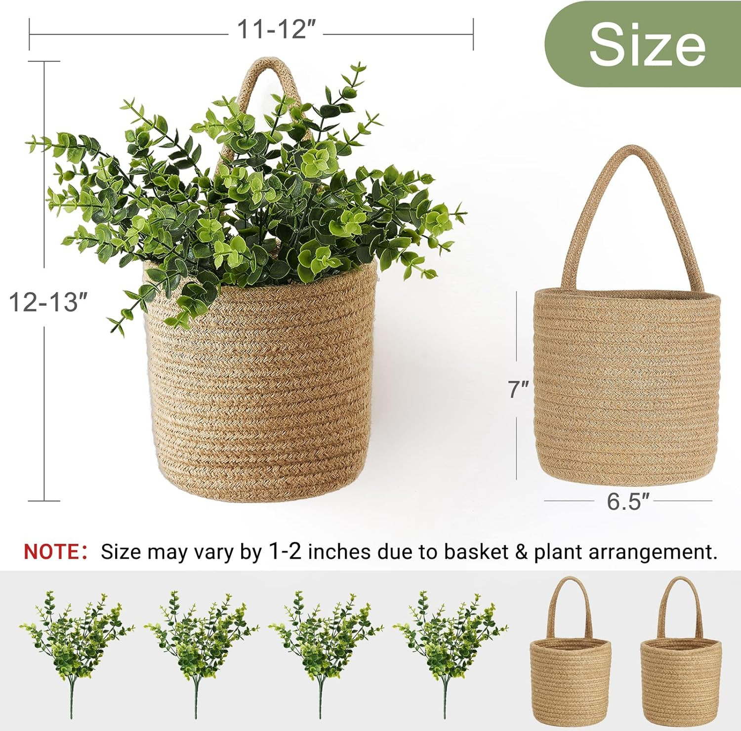 2 Pack Wall Hanging Rope Basket (6.5″W×7″H) with Artificial Eucalyptus, Jute Wov