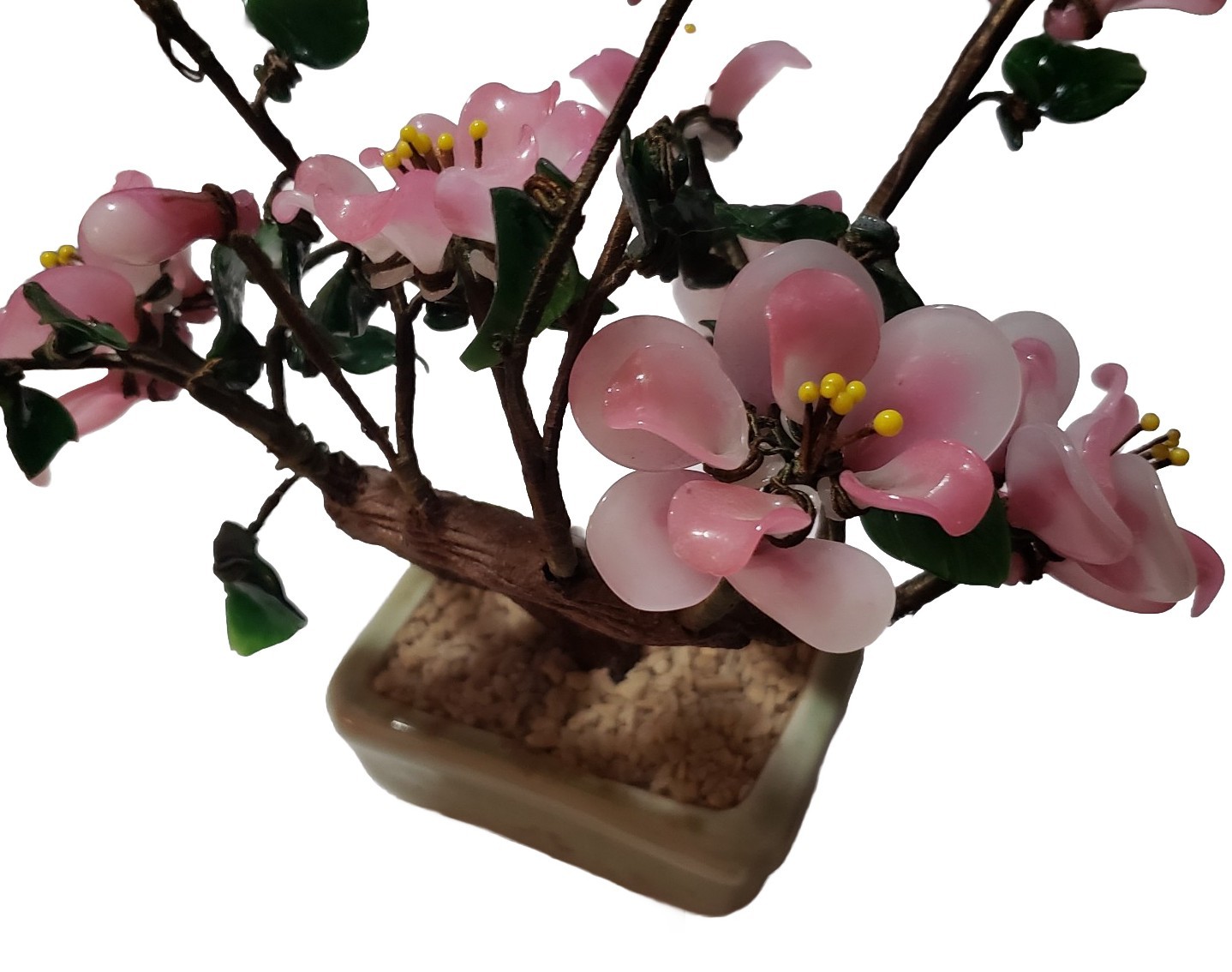 VTG Cherry Blossom Jade? Gemstone Leaves Bonsai Tree Rose Quartz Petals *Cracks