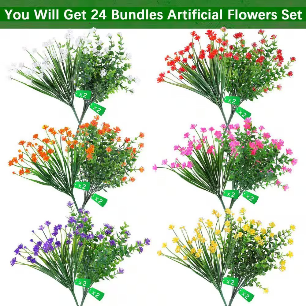 24 Bundles 12.6 In. H Multi-Colored Outdoor Faux Plants Plastic Artificial Flowe