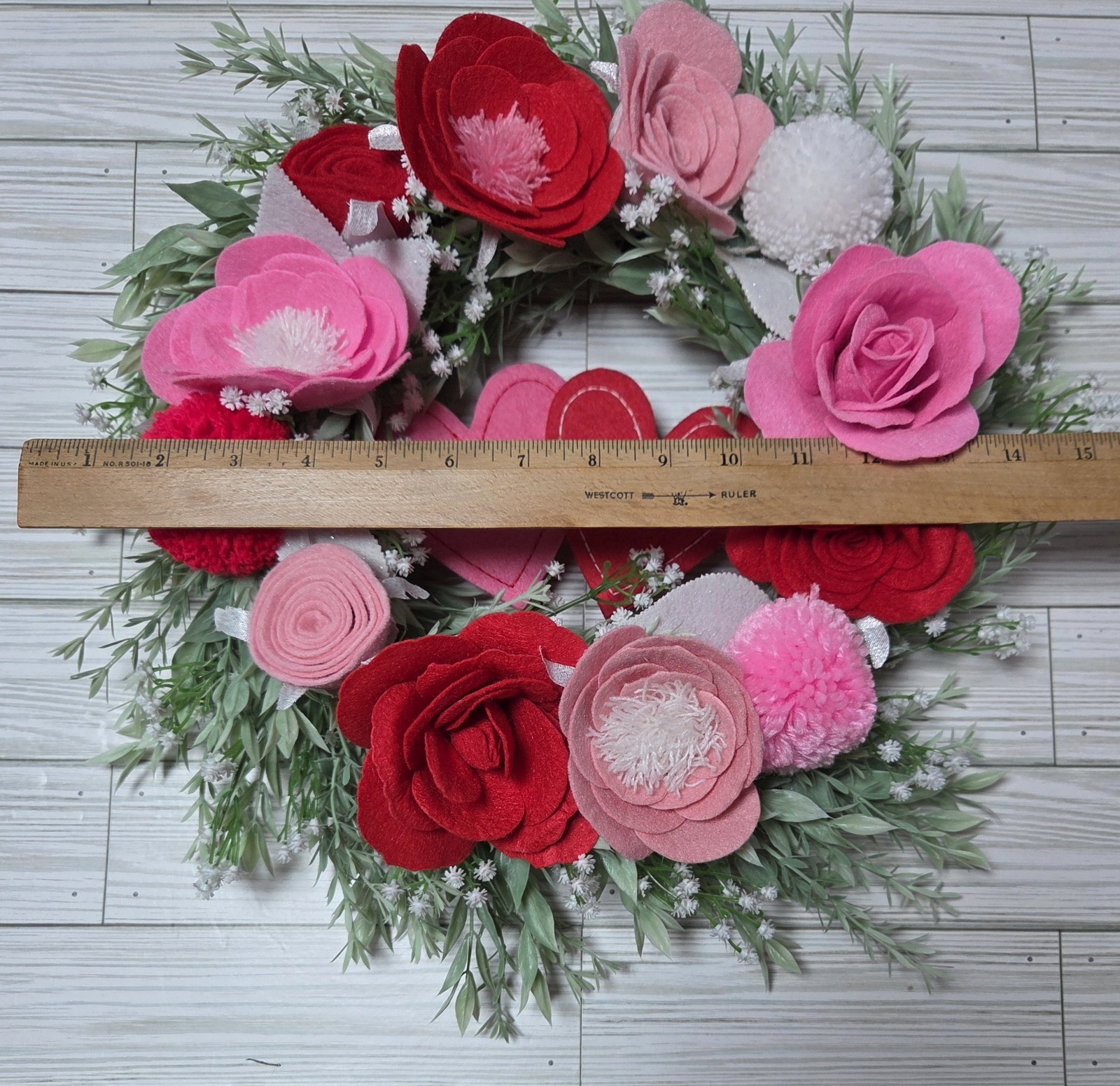 Valentine’s Day Wreath Felt and Faux Silk Florals Hearts Roses BB Greenery Multi