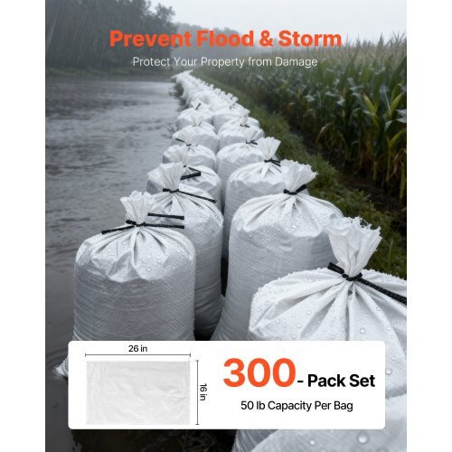 Empty Sandbags, 300 Packs 16 x 26 in, Heavy Duty Sand Bags Sacks with Ties, 50lb