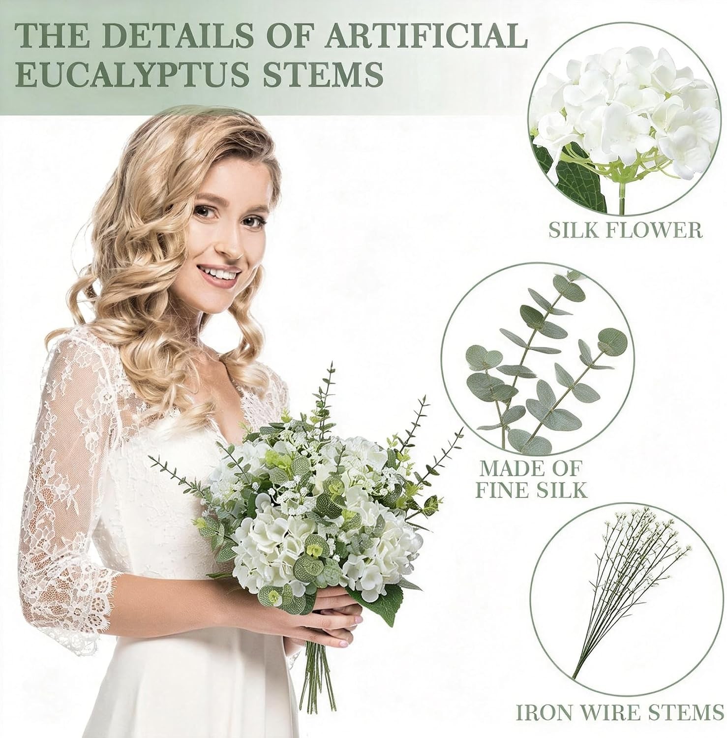 4 Kinds 55PCS Silk Hydrangea Artificial Flowers Eucalyptus Stems, Fake Flower