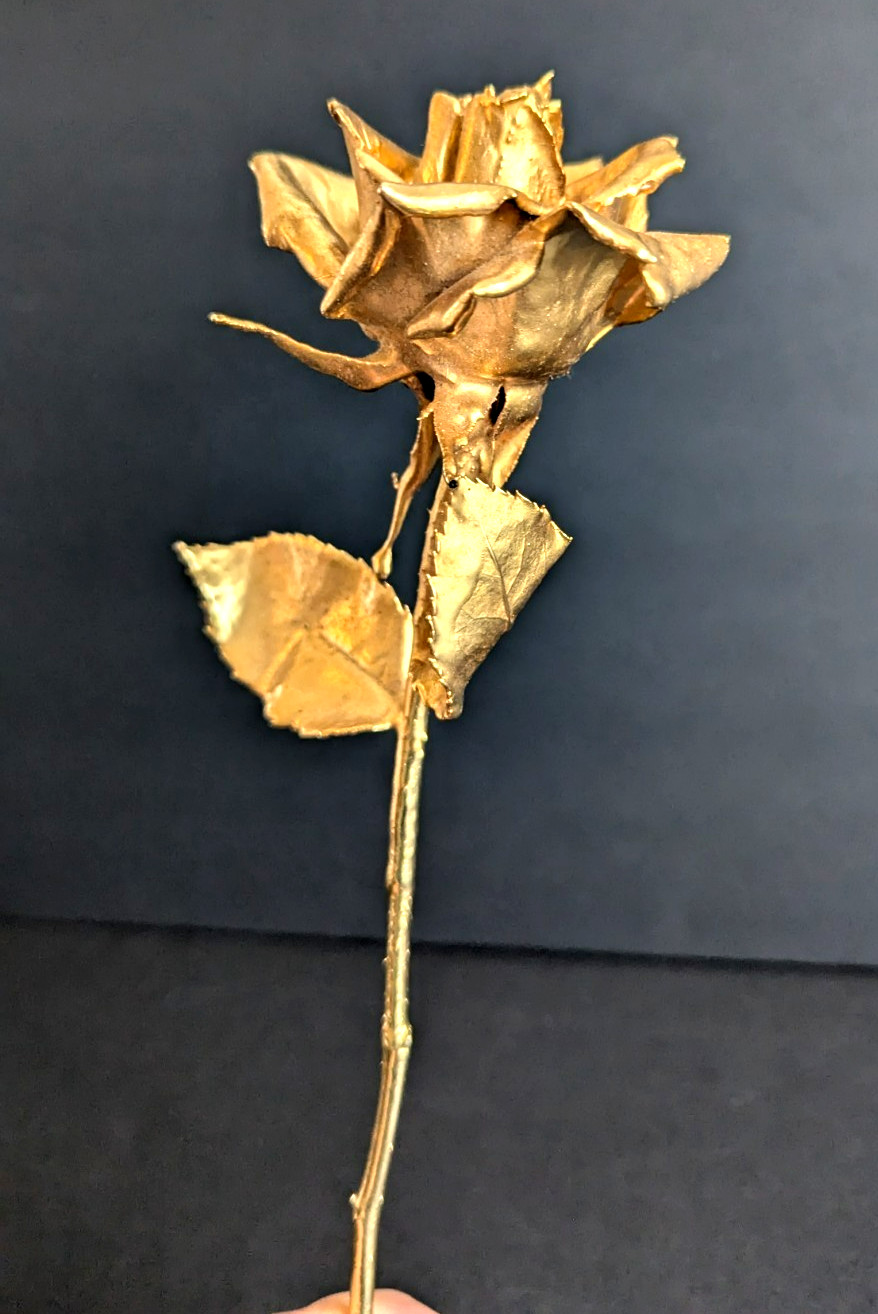 Golden Rose Figurine Real Preserved Rose Metallic Gold Dipped Decoration 11.1/8″