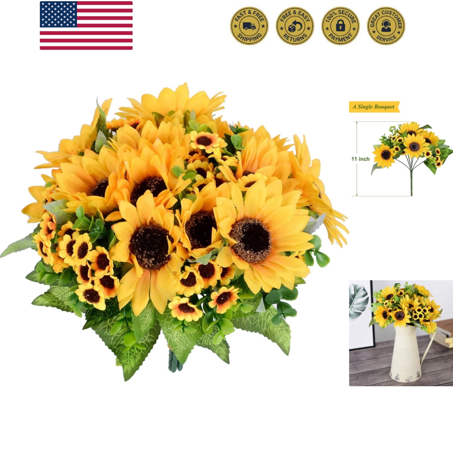 Artificial Sunflower Bouquet, 2 Bunches Silk Sunflowers Fake Yellow Flowers f…