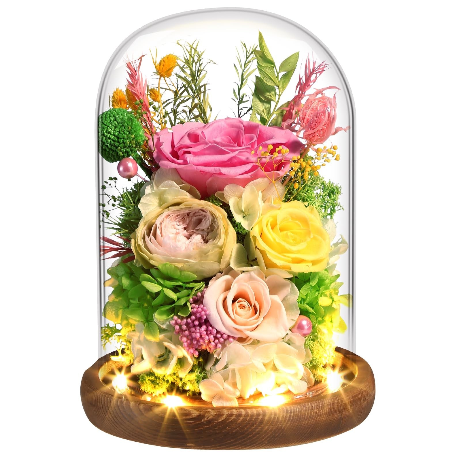 Preserved Yellow & Pink Roses in Glass Dome with LED Light – Lasting Gifts for W