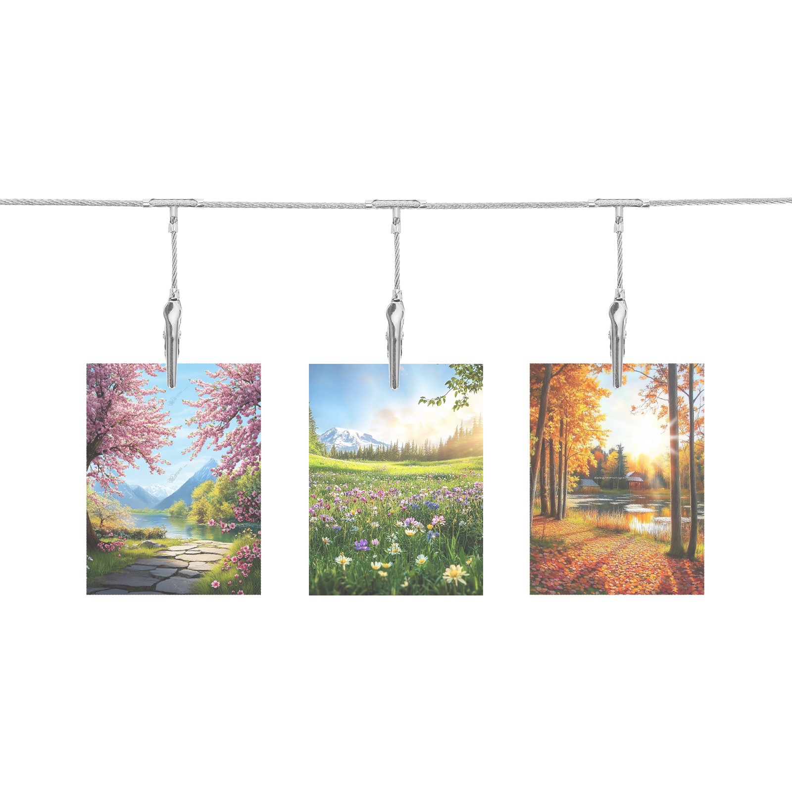 2pcs Wall Hanging Photo Display Cable Wire Rod with 20 Alligator Clips, Silver