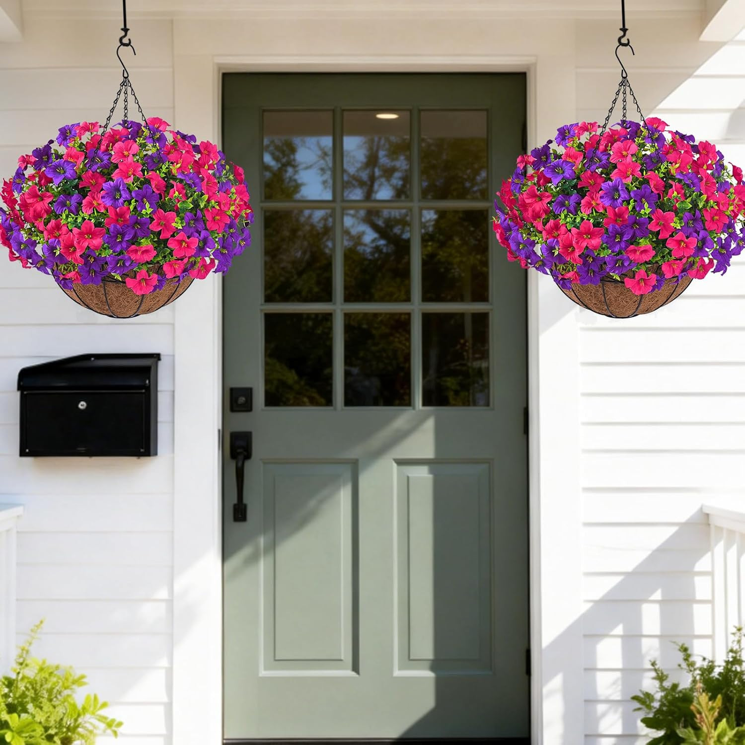 Realistic Artificial Hanging Flowers for Outdoors with Basket, 2 Set Large Size