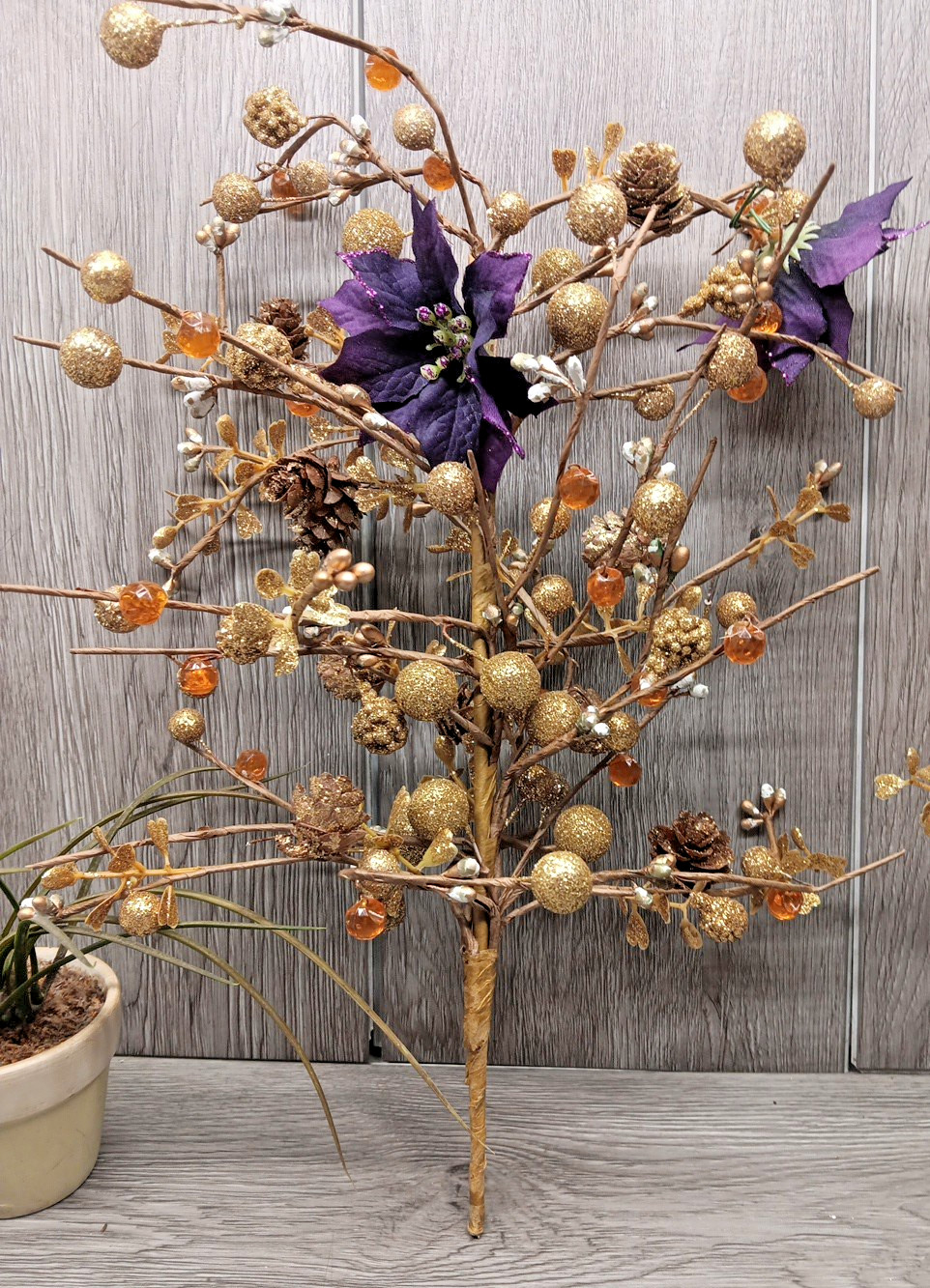 Gold Glitter, Pine Cones, Berries, Beads, Wired 15″ Spray – Holiday-Craft 2Pc