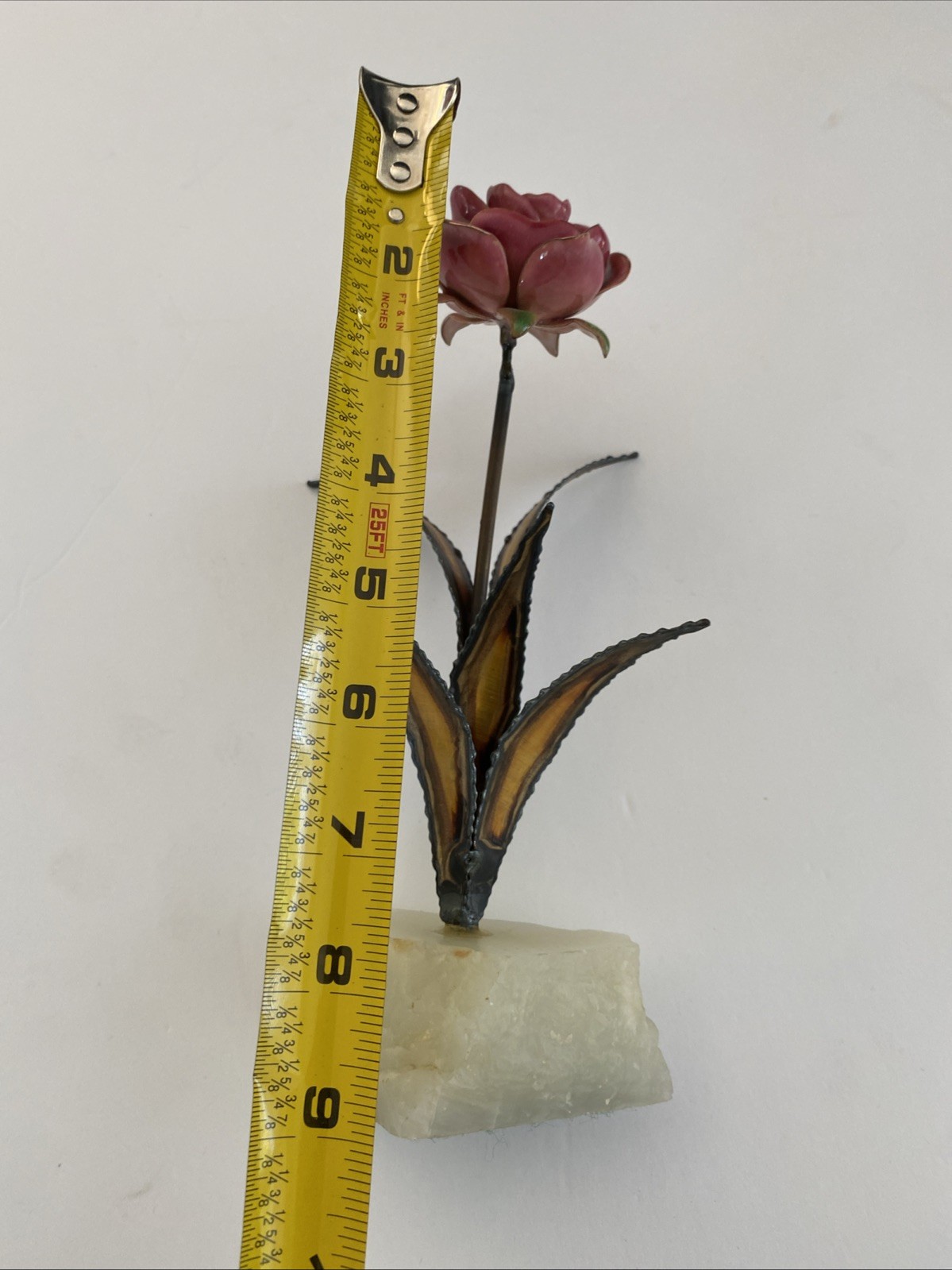 Rose Enamel Copper Flower Mid Modern Metal Art on Stone Onyx