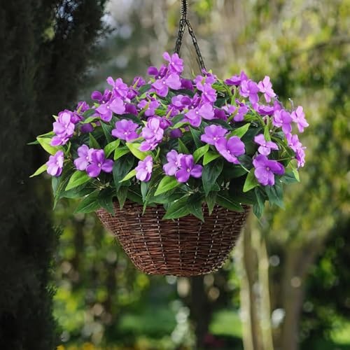 Artificial Impatiens Flowers 4 Stems Purple UV Resistant Plastic 13.5 in