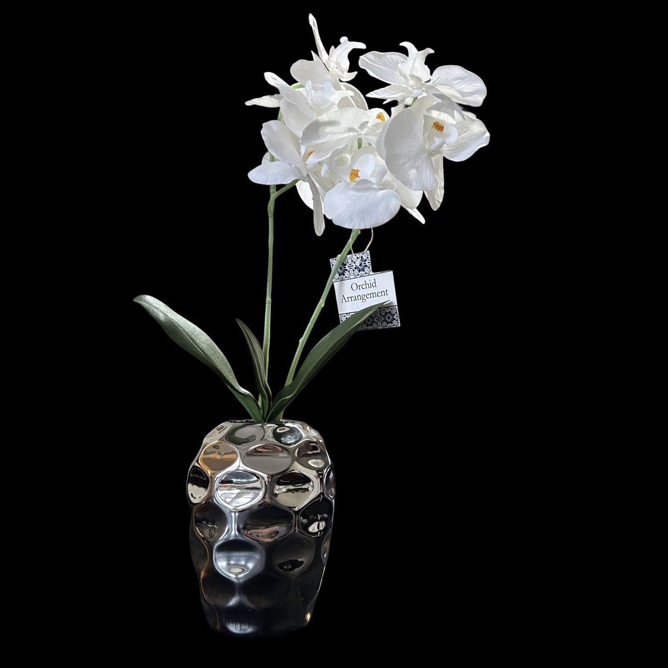 Orchid Floral Plant In Silver Metallic Vase 17” Table Art Modern Home Decor New