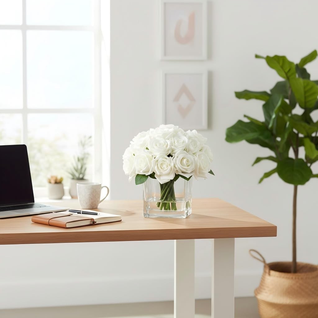 Cream 18 Heads Artificial Flowers In Vase With Fake Water Faux Rose Decor