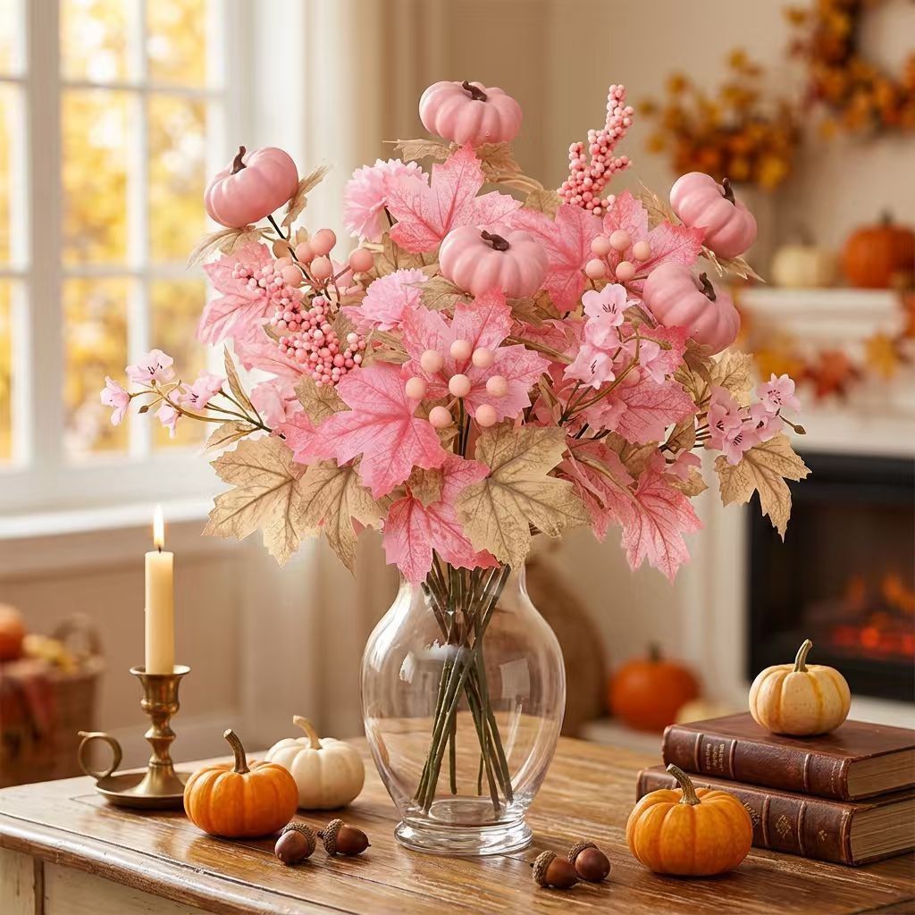 Silk Floral For Bouquet with Matte Pink Pumpkin Fade Resistant Materials