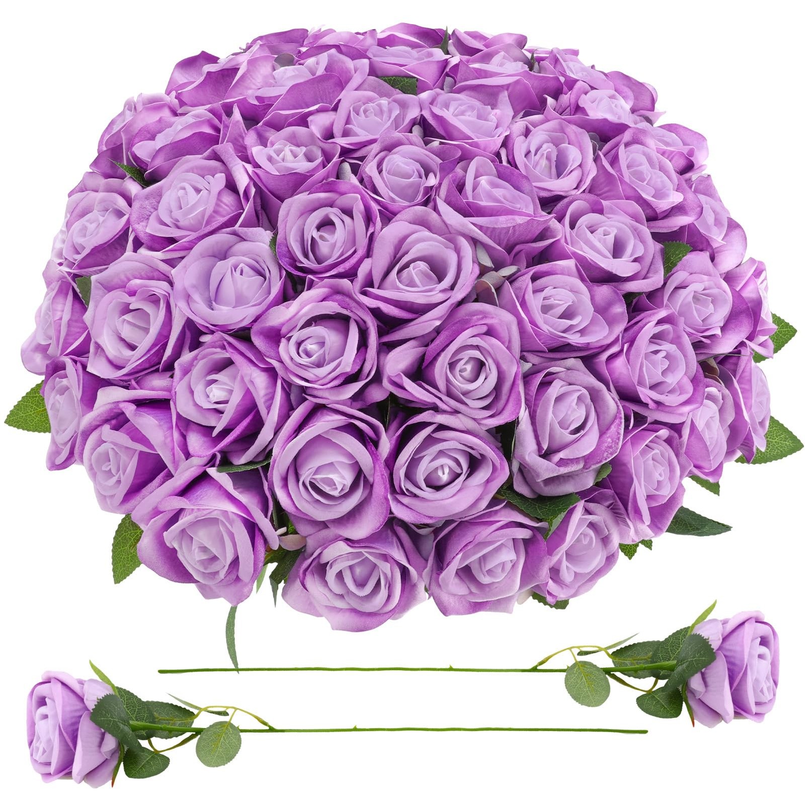 Ovveroche 90 Pcs Purple Velvet Rose Artificial Flowers with Long Stems, Fake …