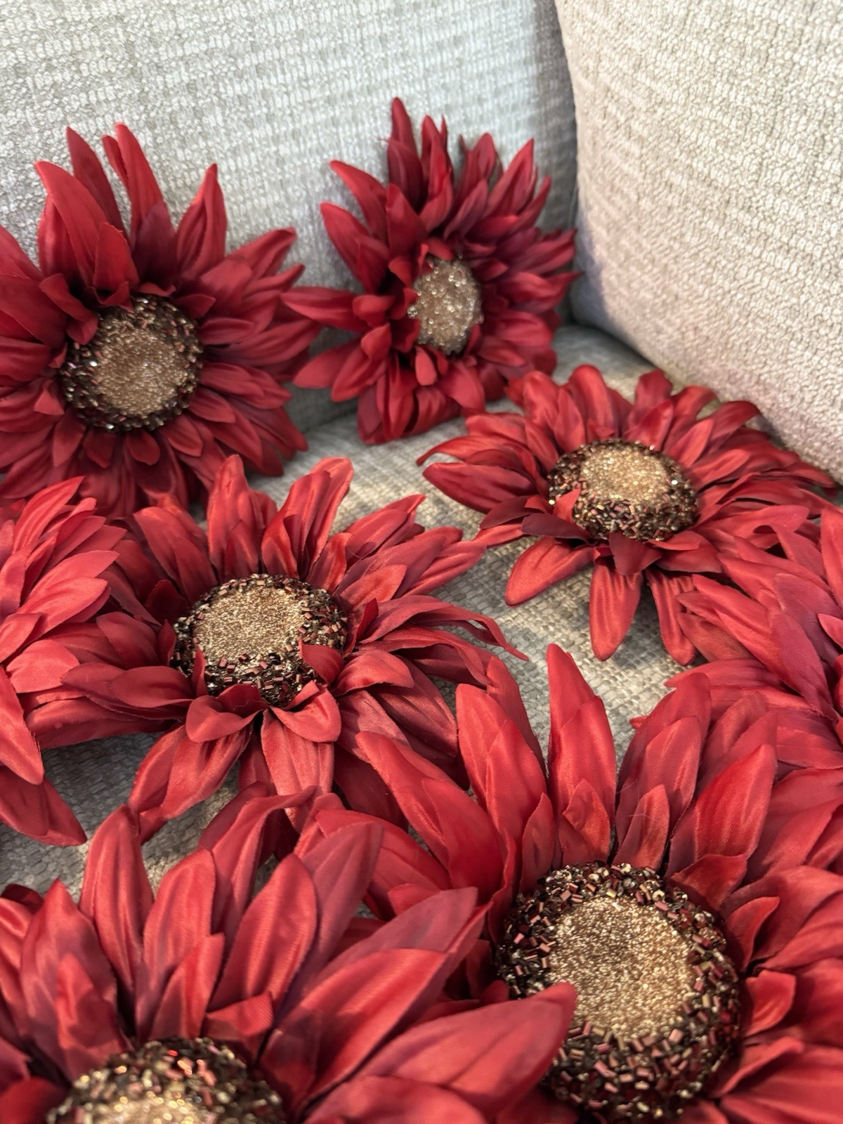Sunflowers Medium Size Red/Burgundy Bloom Tops NO Stems 7 Inch Rhinestone (10)
