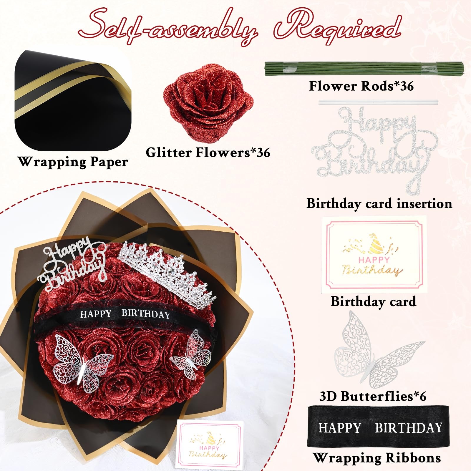 36 PCS Red Glitter Roses Bouquet DIY Fake Flowers Birthday Stand-Up Signs