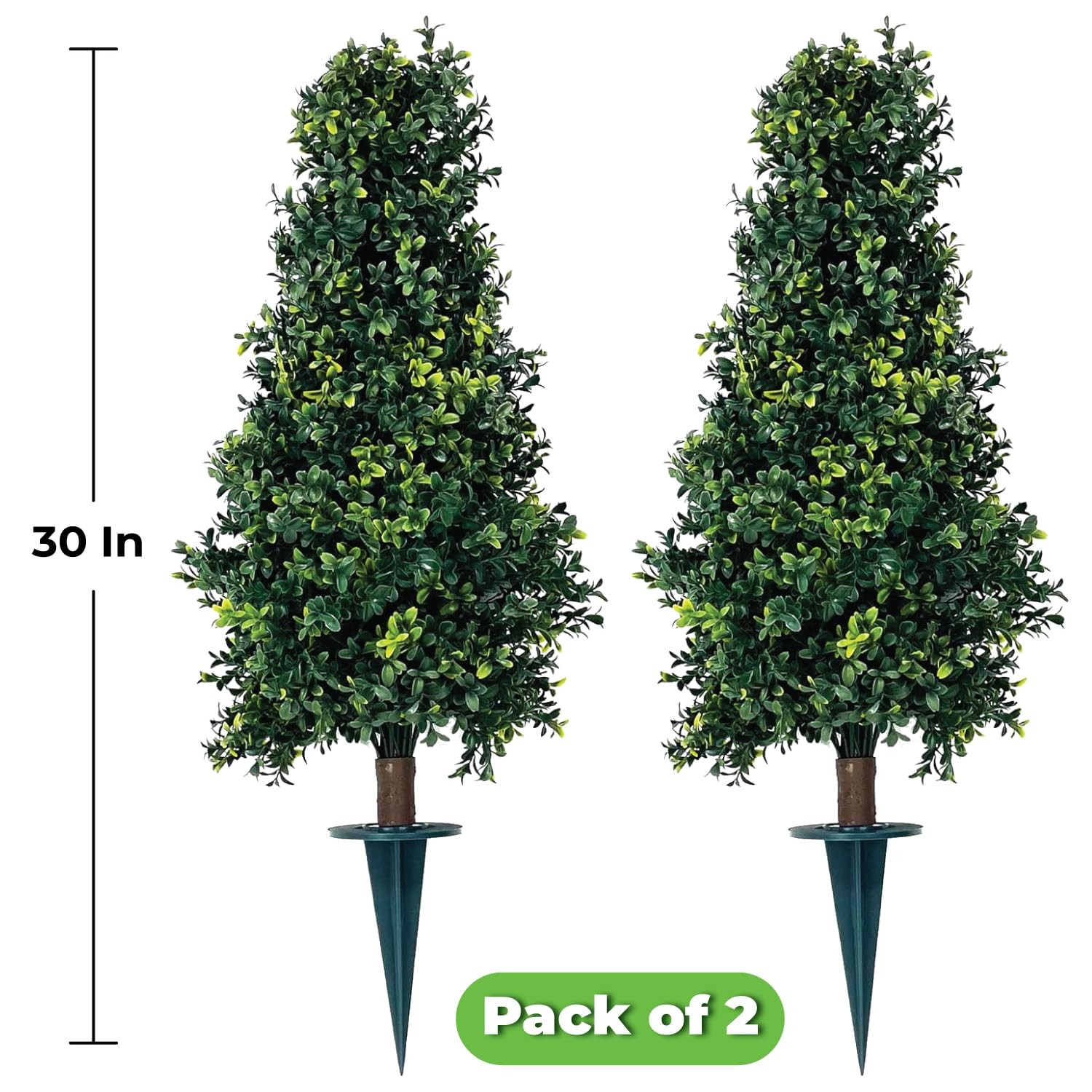 Two Artificial UV Rated 30” Boxwood Cone Topiary w/Spike, Indoor Outdoor Tre…