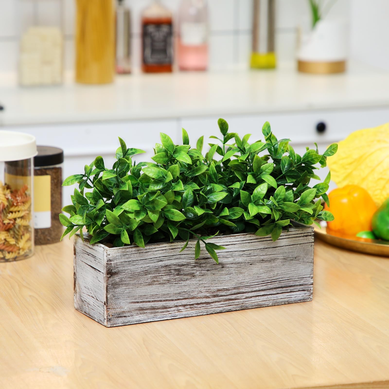 Lyrow 2 Pack Artificial Eucalyptus Plants in Rectangular Rustic Wooden Plante…