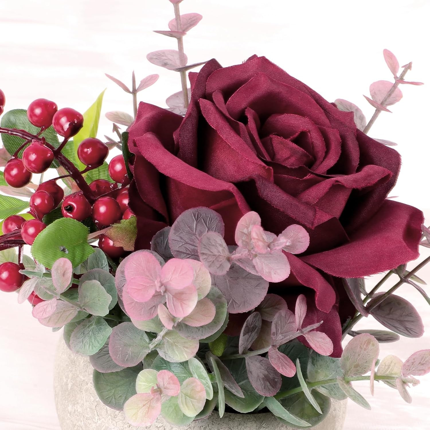 Faux Flowers in Pot, Burgundy Rose Artificial Flowers with Pot Small Potted Plan