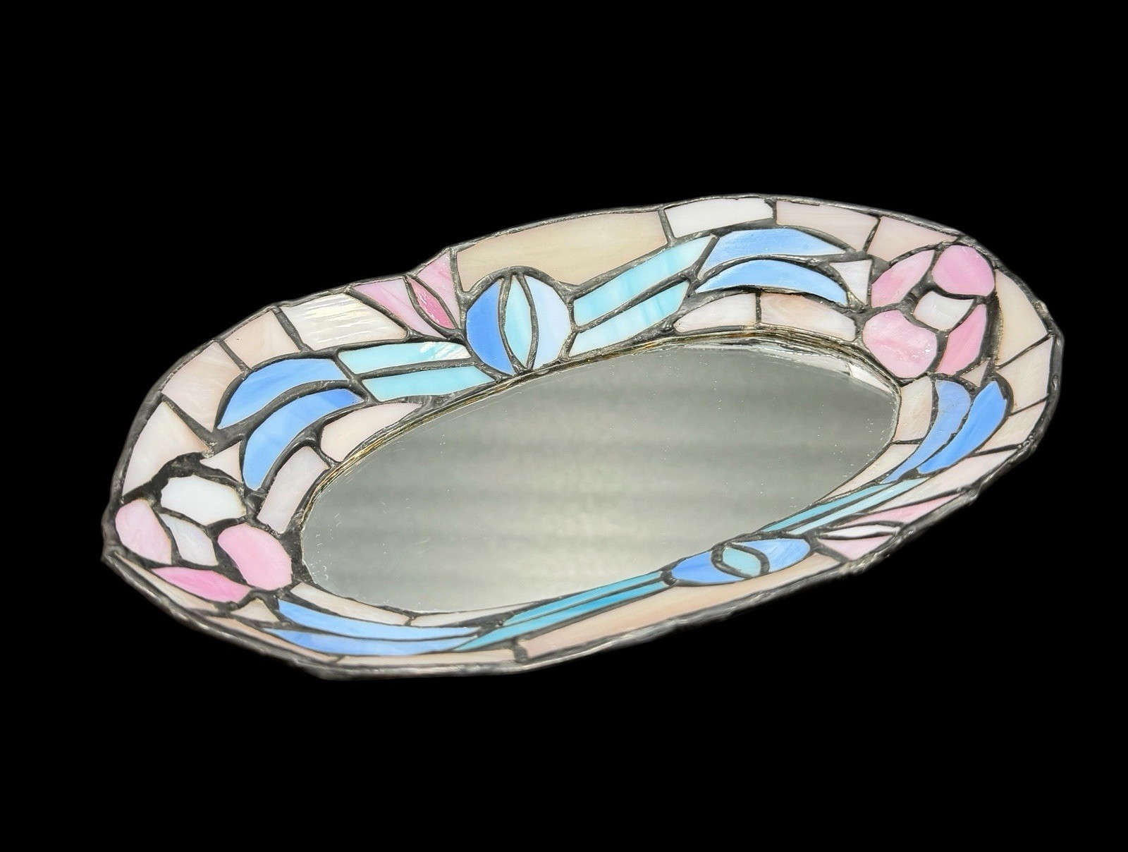 Pastel Stained Glass Style Vanity Mirror Tray Jewelry Dish Art Deco Decor