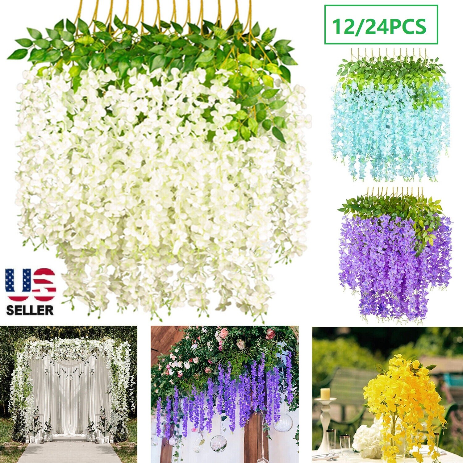 24PCS Artificial Wisteria Vine Garland Fake Flower Garden Wedding Hanging Decor
