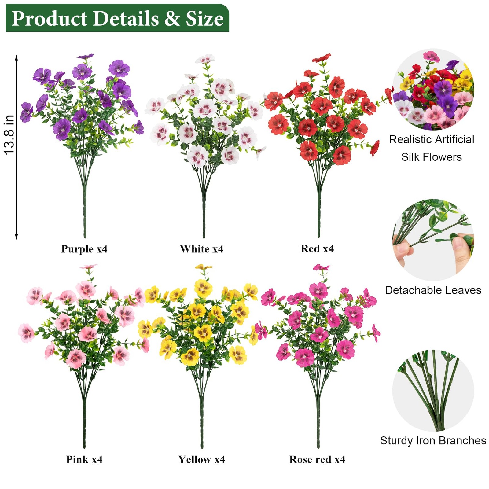 24 Bundles Artificial Flowers for Outdoors, Fake Silk Flowers UV Resistant Fa…