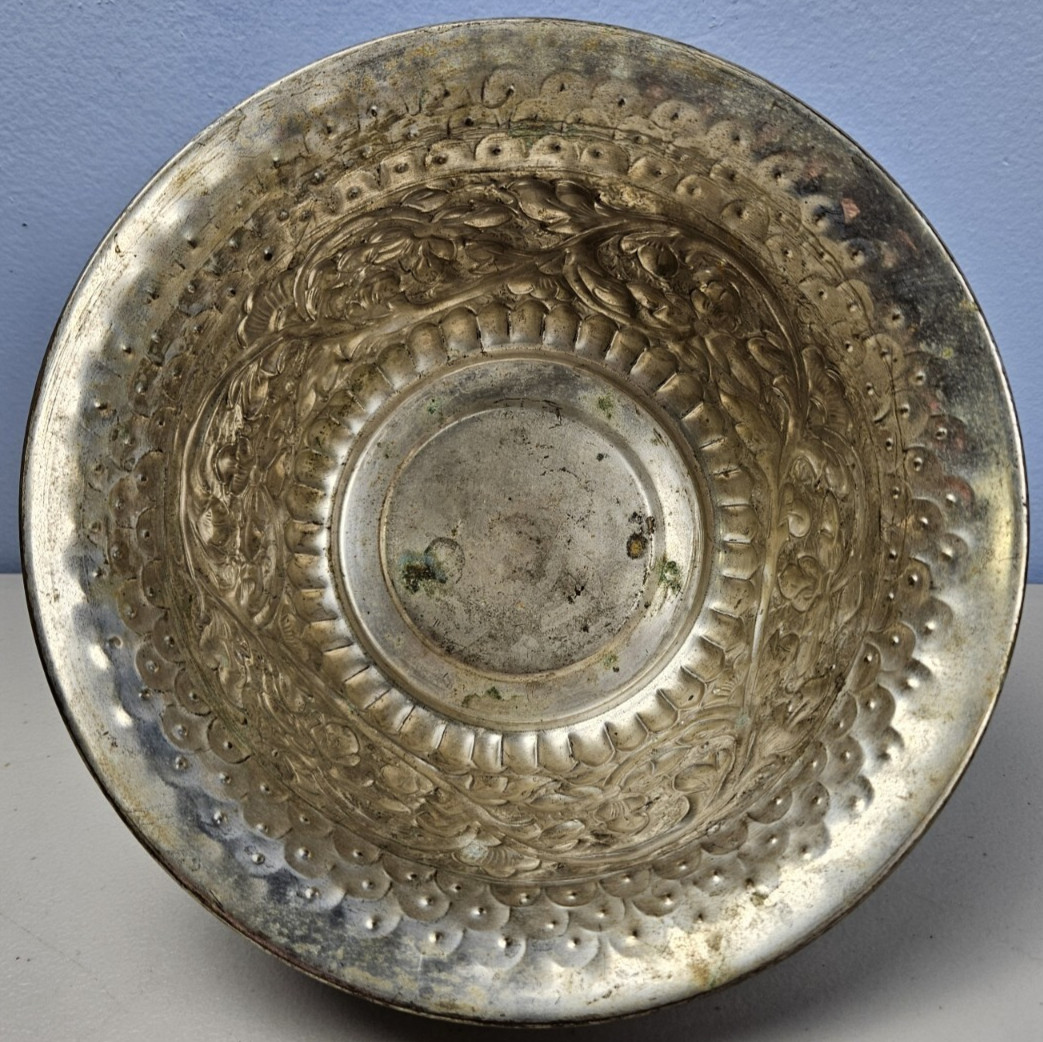 Indian Silver Lacquered Brass Ornate Decorative Floral Flower Basin Stand 29.5″