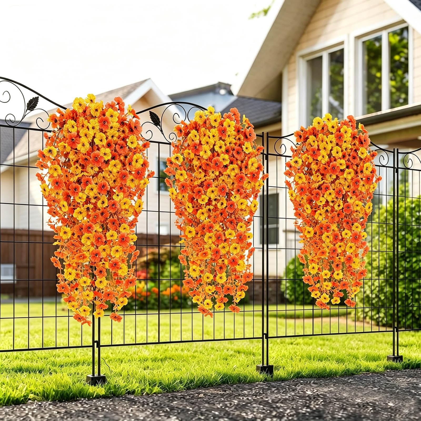 4Pcs Artificial Hanging Flowers UV Resistant Silk Faux Orange Yellow for Garden