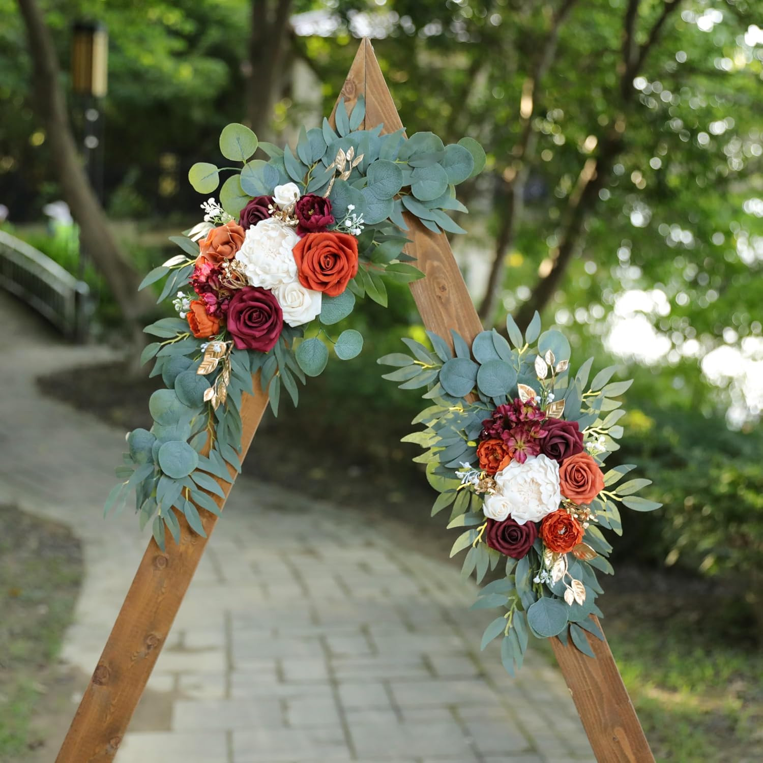 Burnt Orange Wedding Arch Flowers Swags Set of 2 with Burgundy Roses