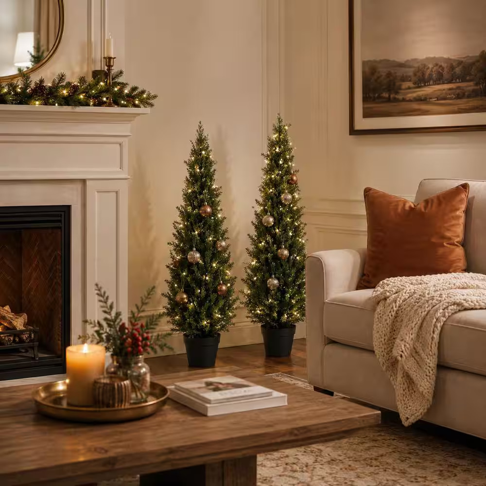 4 Ft. Artificial Indoor/Outdoor Topiary Cedar Tree, Fake Cypress Trees, Fake UV