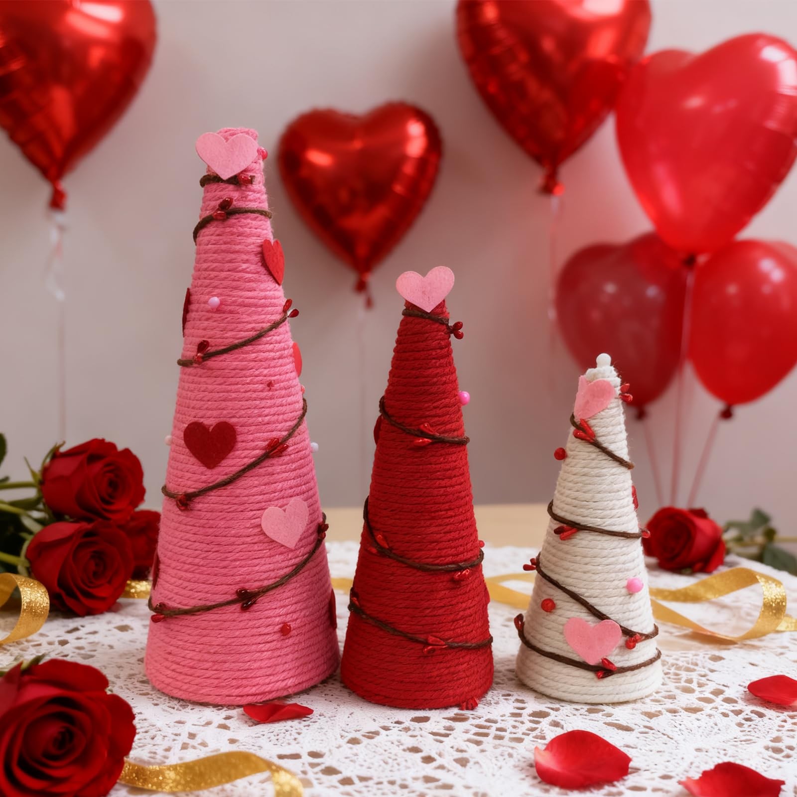 3 PCS Valentine Tree Table Decor Artificial Cone Heart Red Pink White