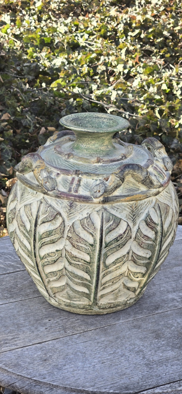 Rustic Urn Vase Earthenware Pottery Botanical Leaf Handles 12″T Brownish Green