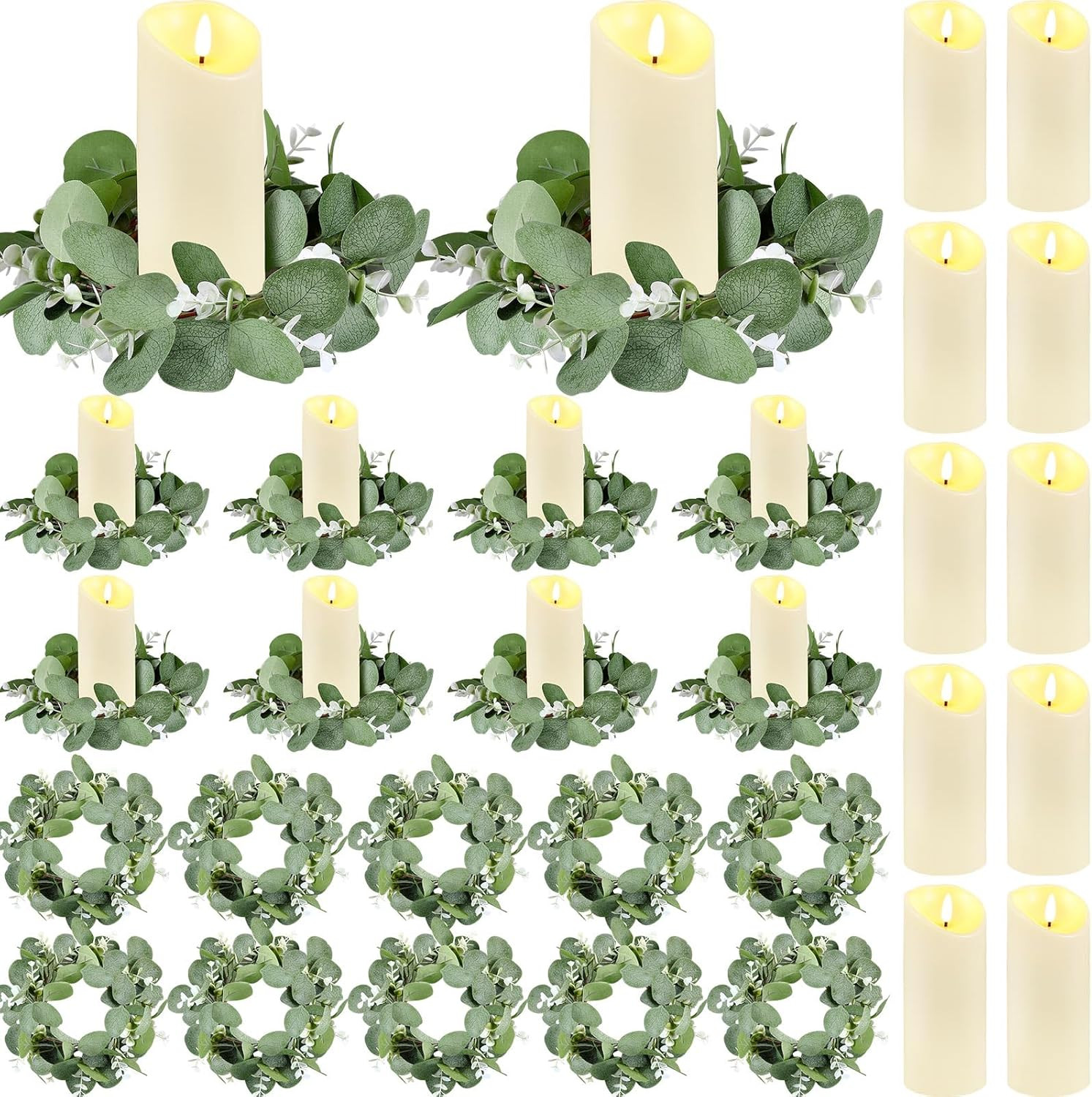 10 Set Eucalyptus Candle Rings with Flameless LED Pillar Candle Holders