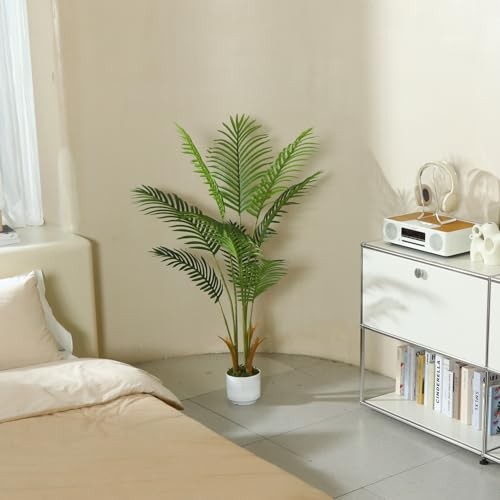 4FT Artificial Palm Tree Indoor with White Pot, Realistic Leaves, 9 Green