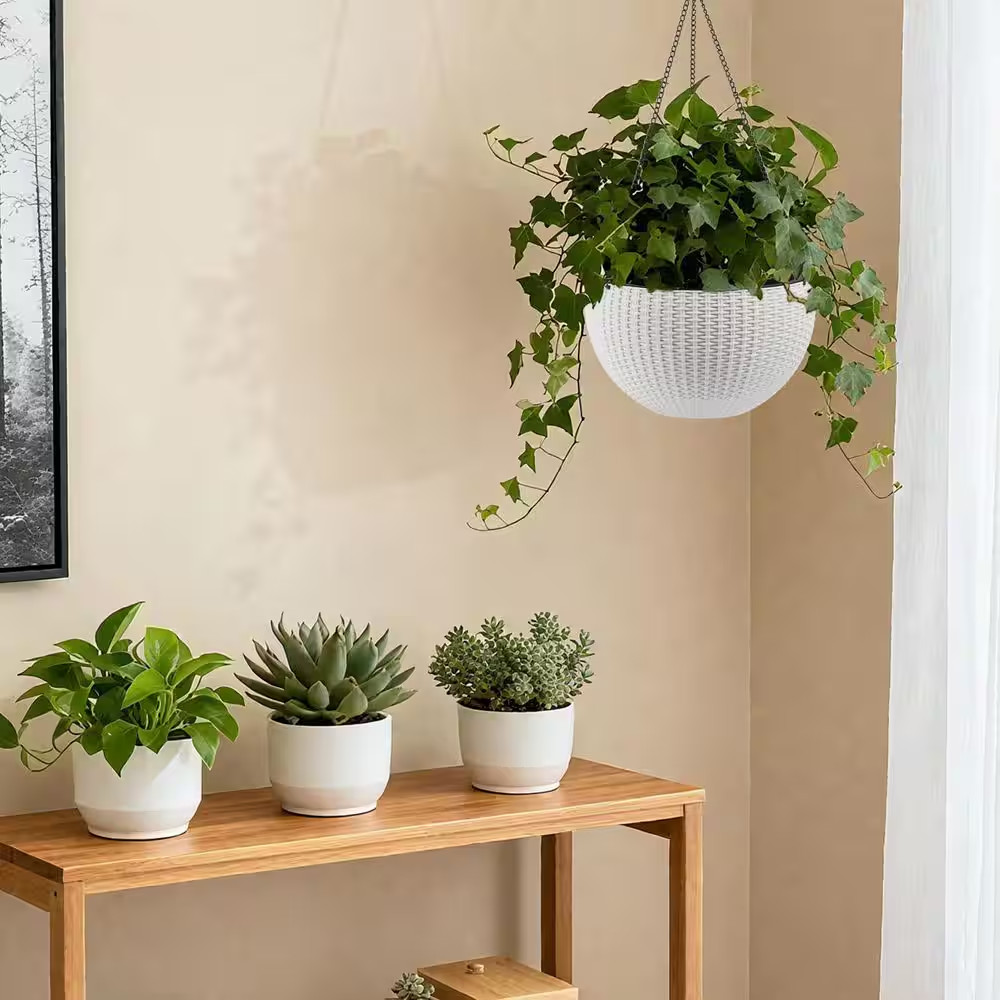 13.4 In. Dia White Plastic Hanging Basket, Dual-Use for Indoor and Outdoor Decor