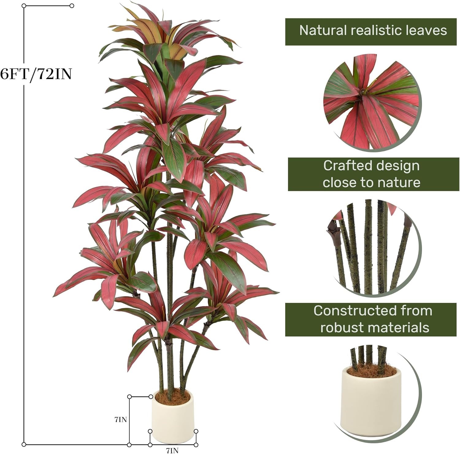 6FT Lifelike Artificial Dracaena Tree with Red Ti Leaves for Home & Office Decor