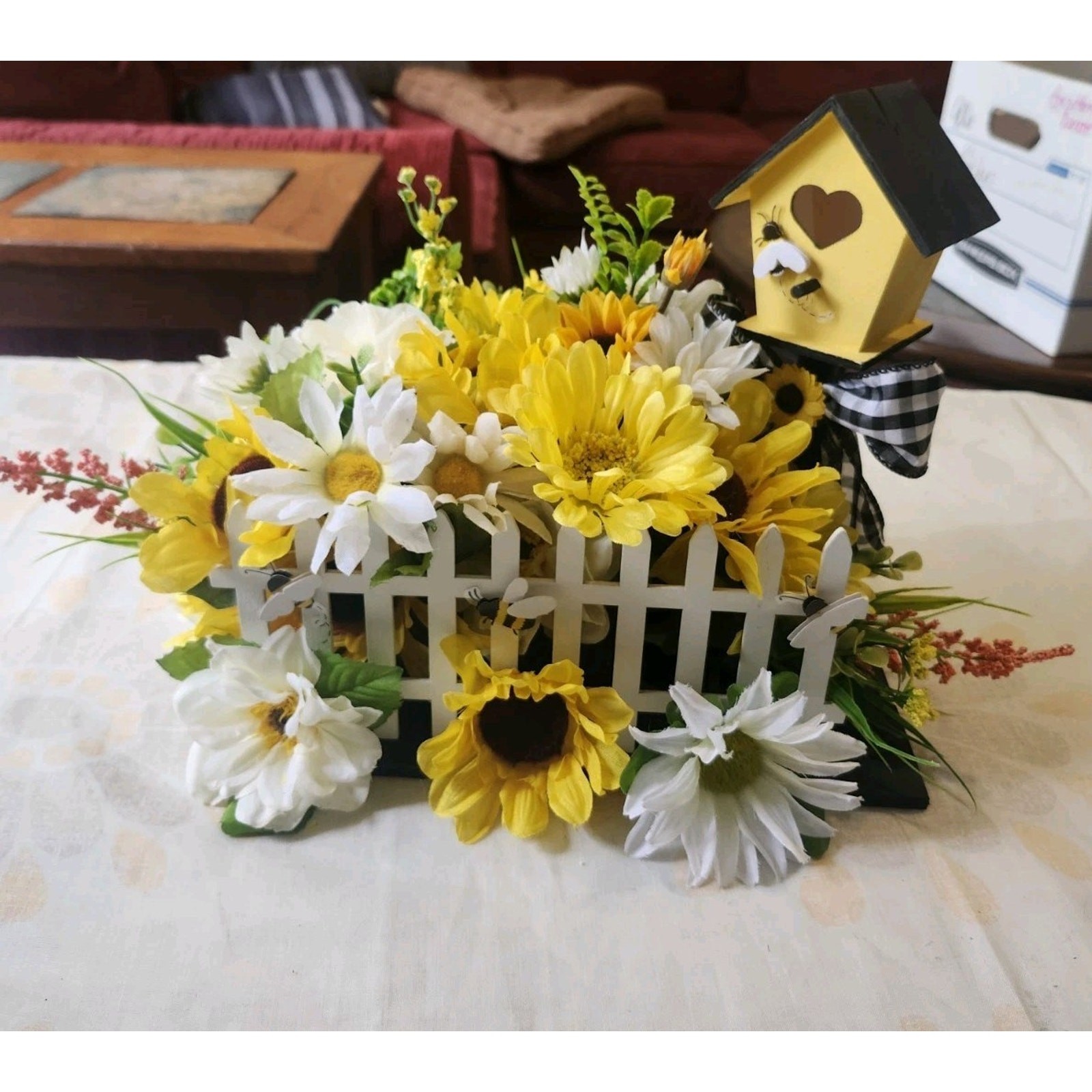 Bee Bird House Artificial Floral Arrangement Centerpiece Sunflowers Handmade