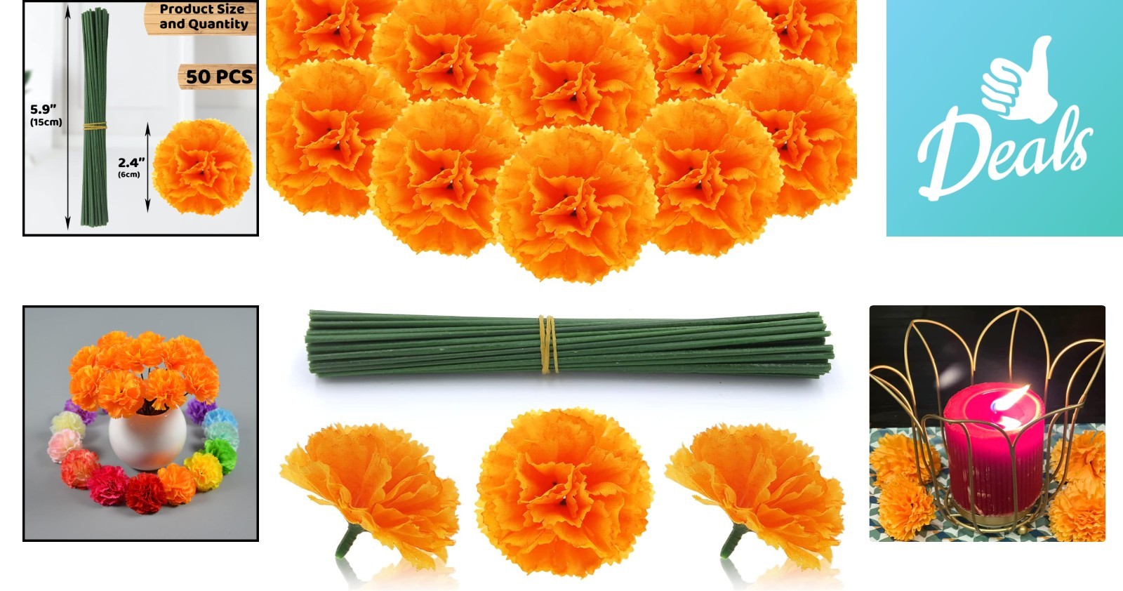 50 Artificial Orange Marigold Flowers with Flexible Stems for DIY Projects