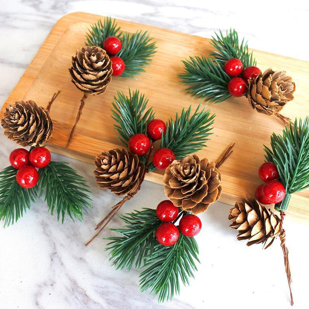 10pcs Red Christmas Berry Artificial Flower Pine Cone Branch Party Xmas Supplies