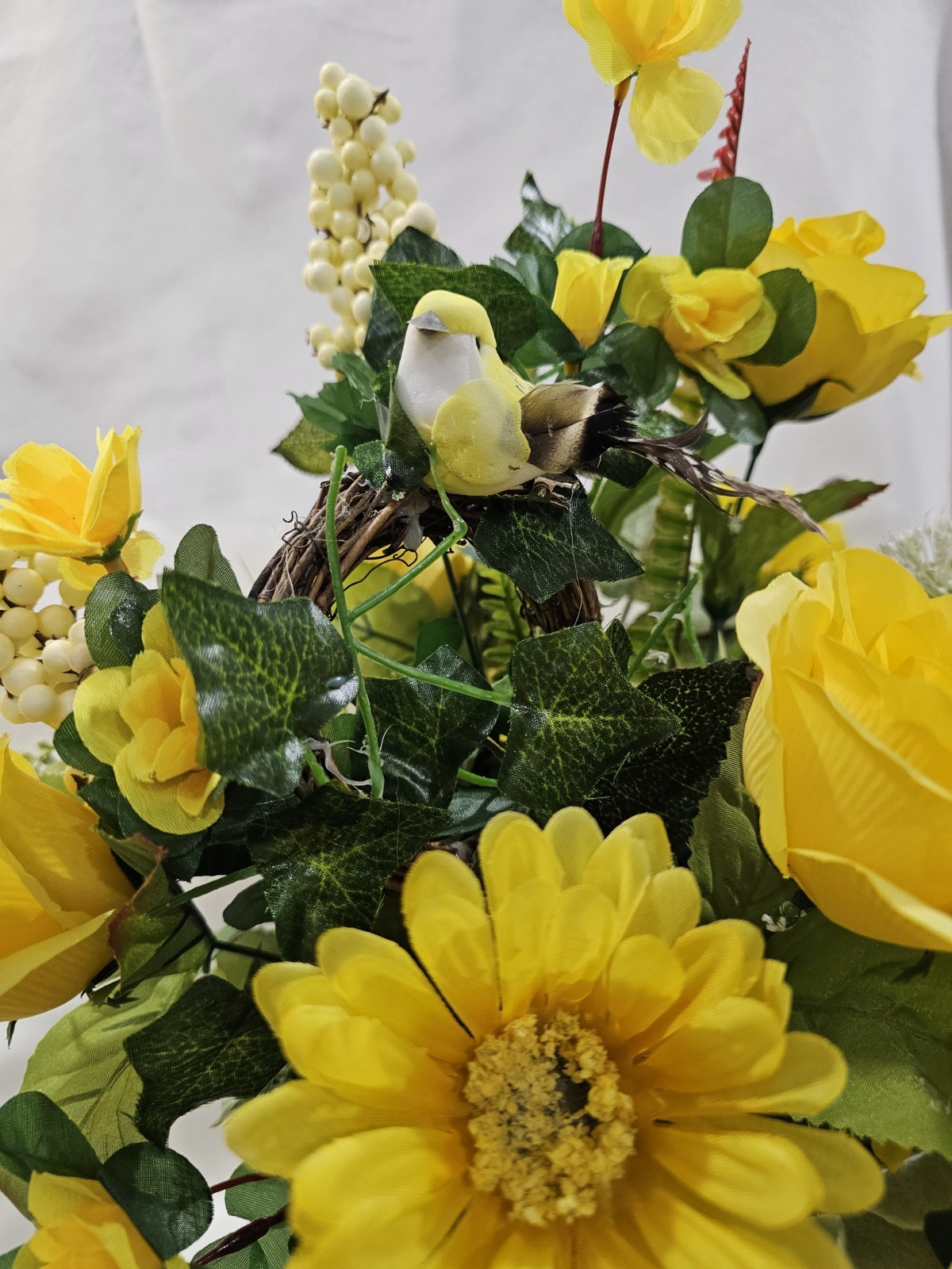 Beautiful Yellow Rose Floral Arrangement in unique handcarved Vase 22″ H x14″ W