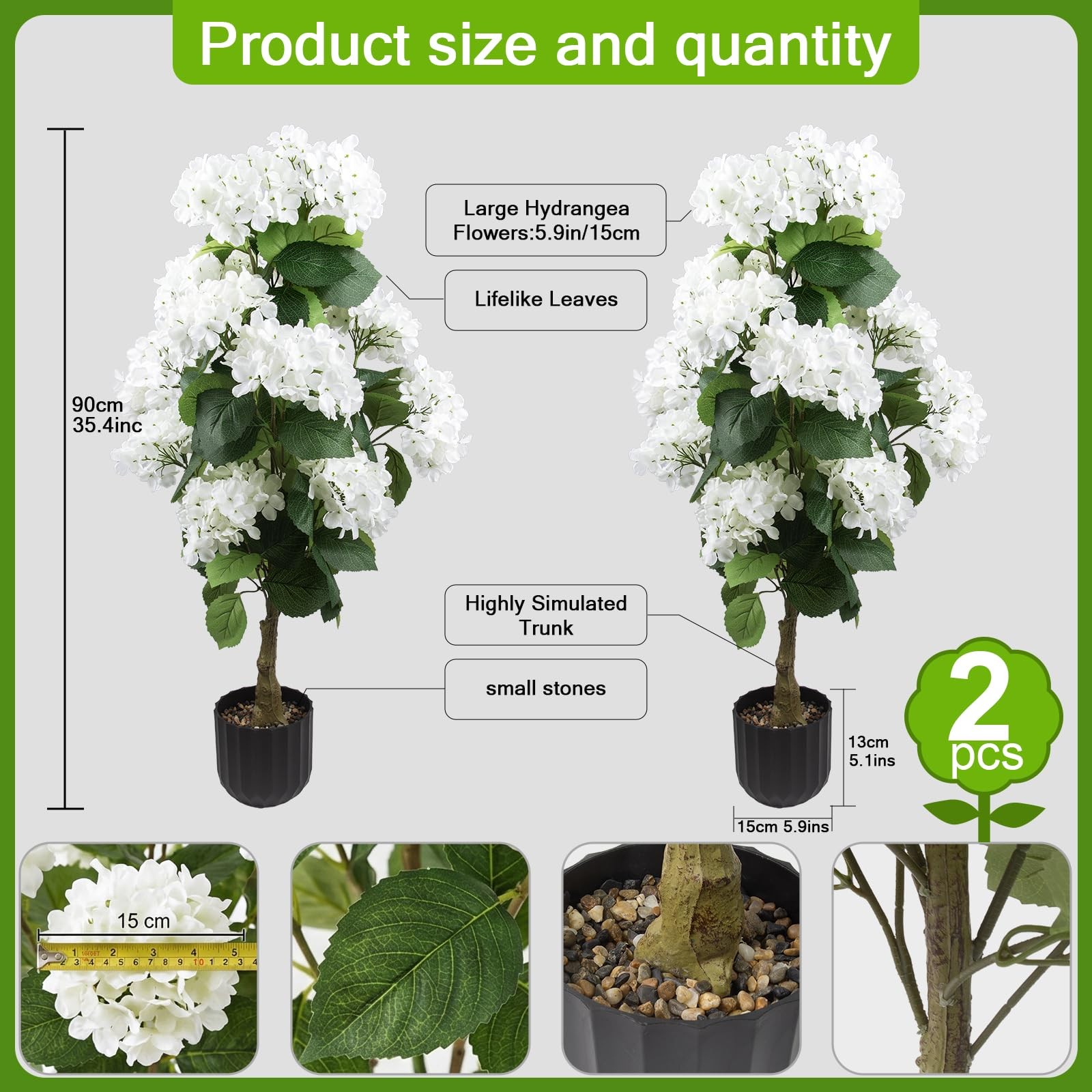 2 Pcs 3 Ft Artificial Hydrangea Trees Potted, UV Resistant Faux Silk Hydrange…