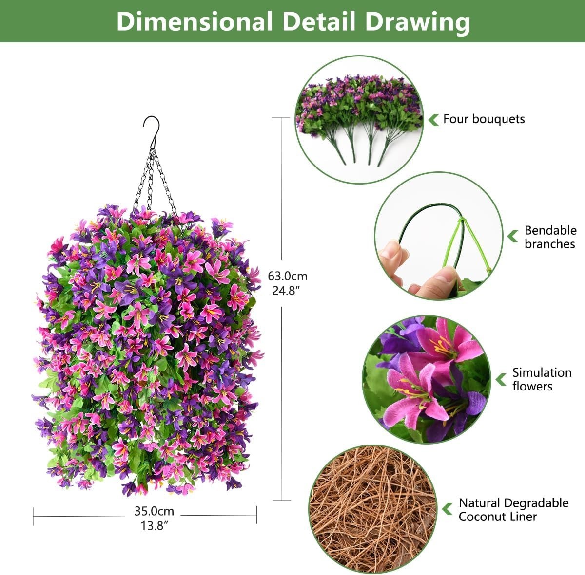 Artificial Hanging Flowers Decoration, 4pcs Fake Floral Basket Plants for Out…