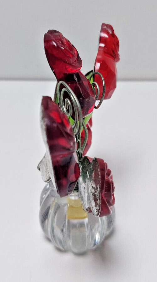 Vintage Acrylic Plastic Red Roses Flower Green Leaves Clear pot 4×4” Wire Stems