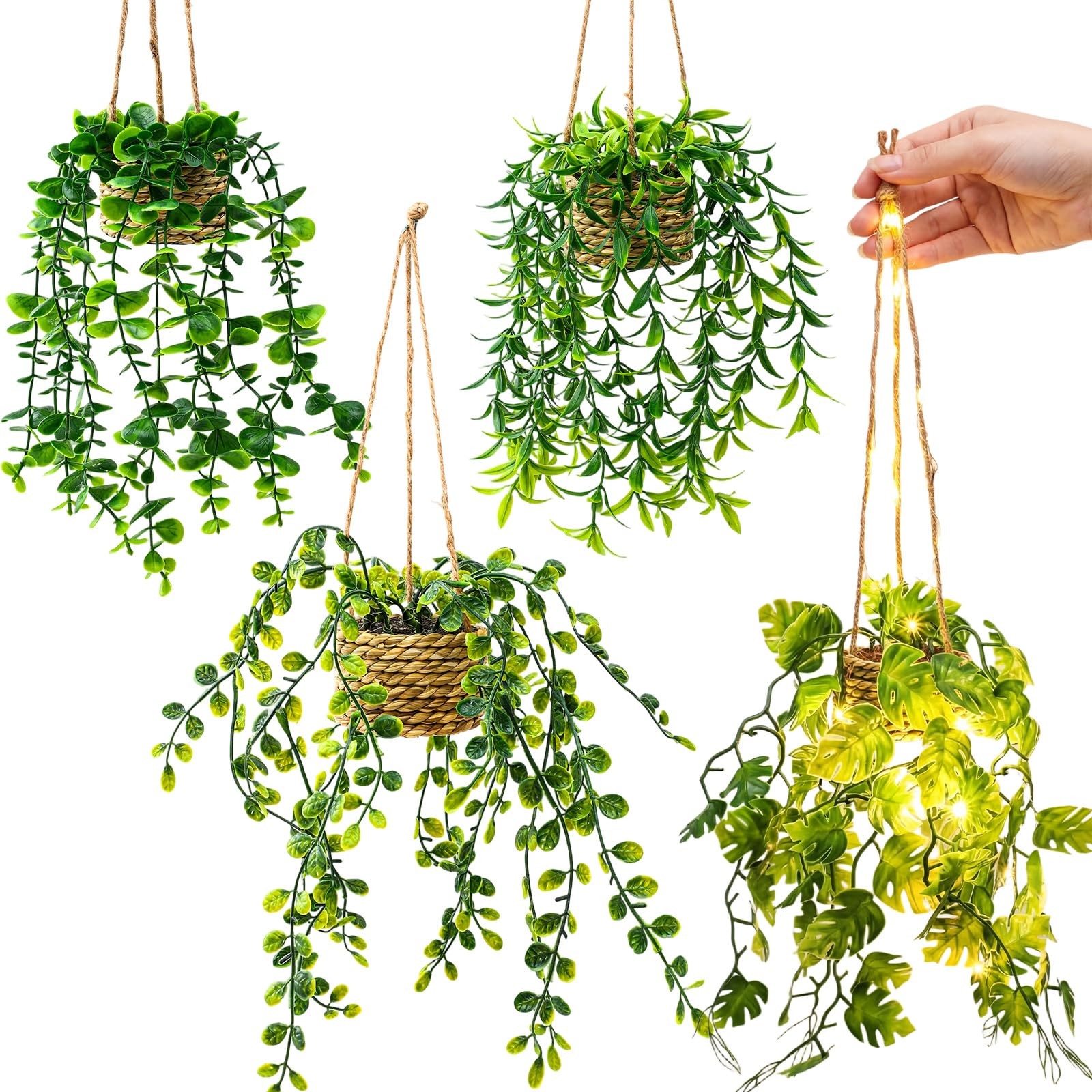 4 Set Mini Fake Hanging Plants in Basket with Lights Artificial Hanging Vines…
