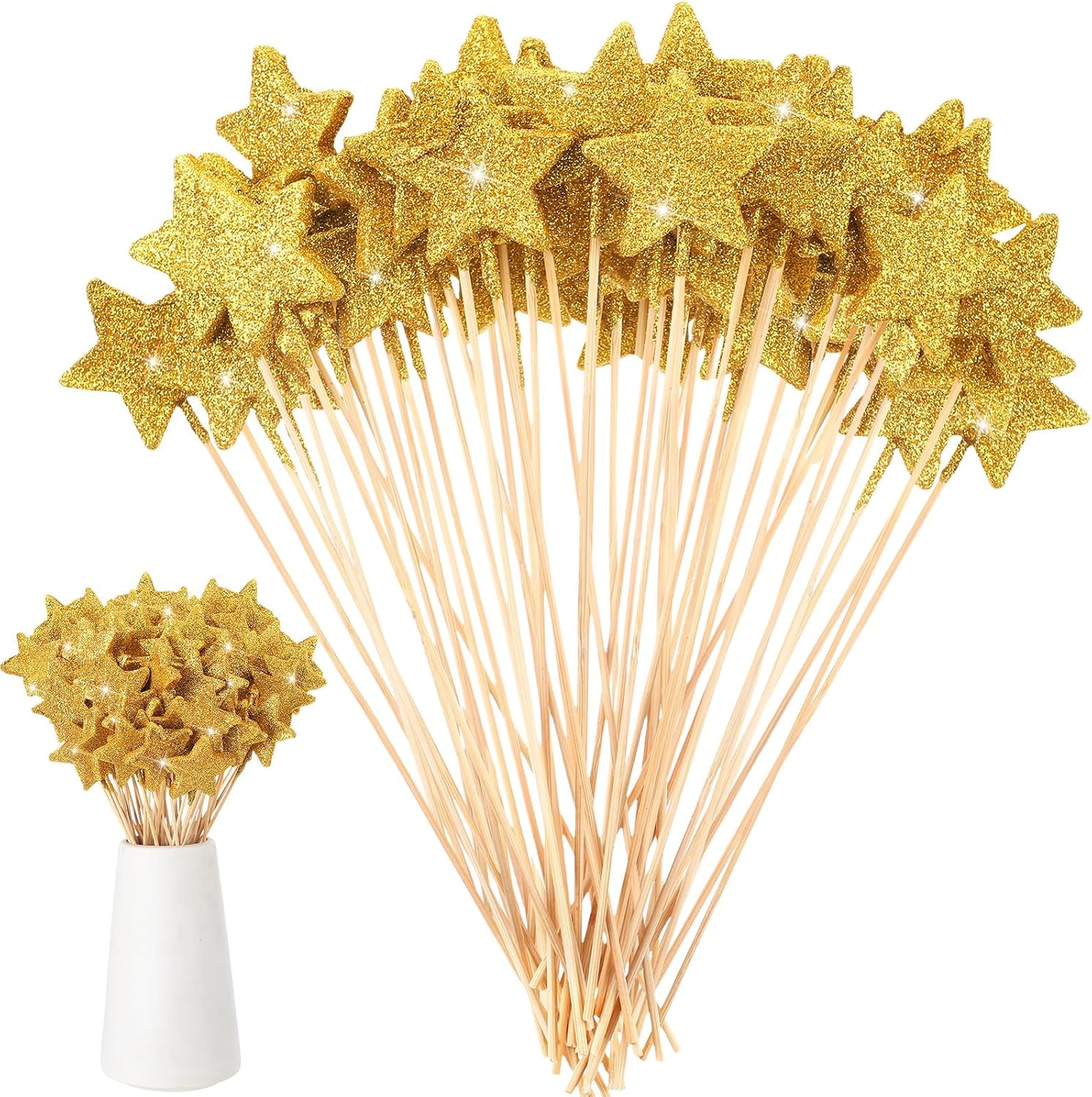 60 Pcs Star Floral Pick 8” Star Centerpiece Table Decor Gold Graduation Glitte