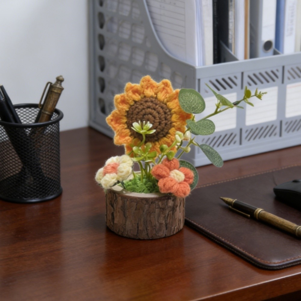 Sunflower Potbouquet Plastic Silk Flower Hand Knitted Home Decor 12x7cm