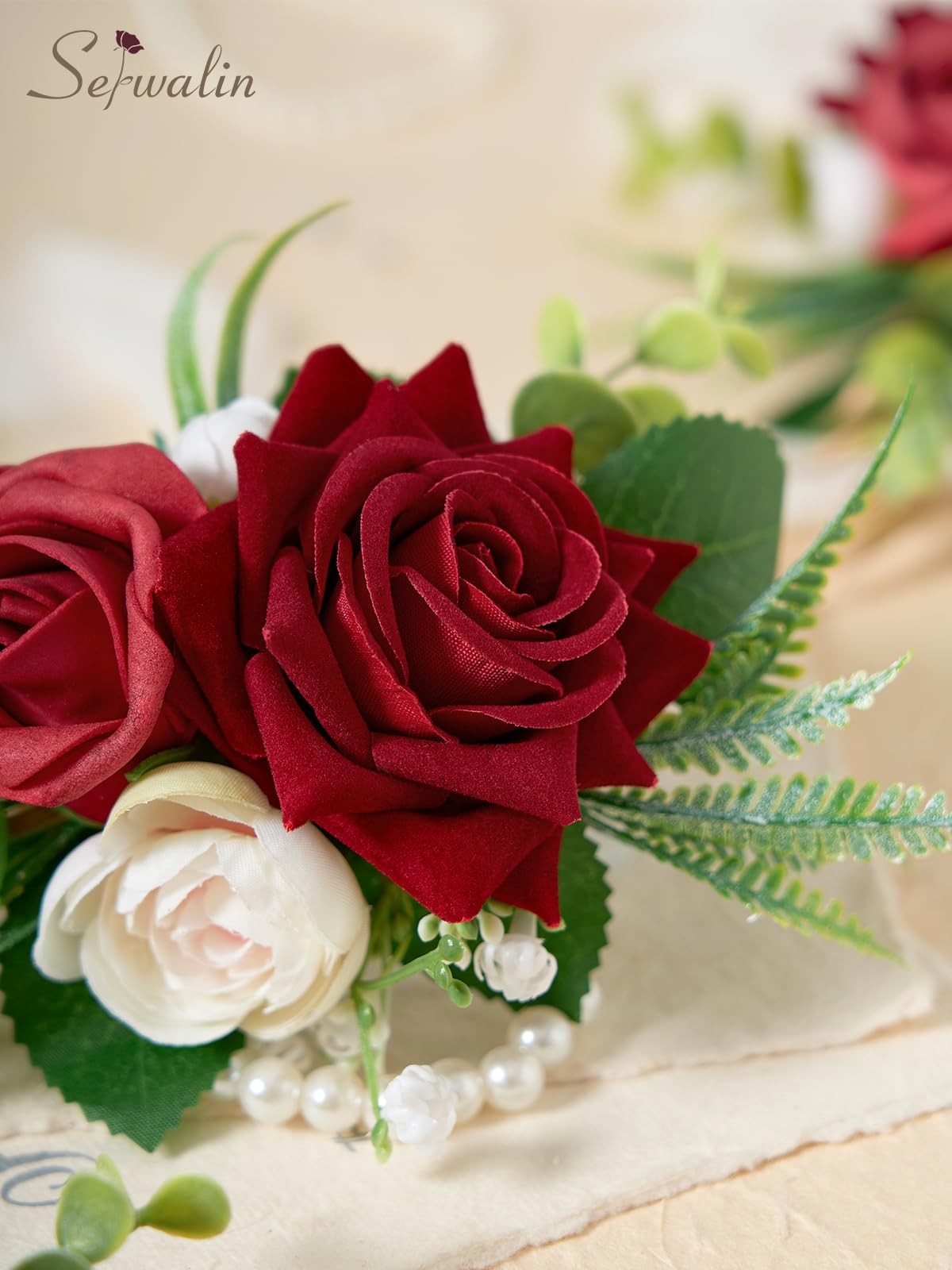 6 PCS Burgundy Wrist Corsage Wedding Roses Prom Homecoming Party Bride Decor